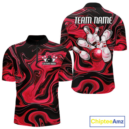 Custom Black And Red Liquid Marble Bowling Team Men Quarter Zip Shirt, Bowler Jersey IPHW12714