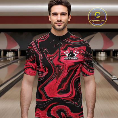 Custom Black And Red Liquid Marble Bowling Team Men Quarter Zip Shirt, Bowler Jersey IPHW12714