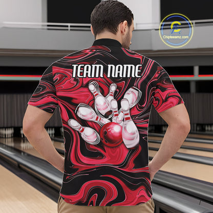 Custom Black And Red Liquid Marble Bowling Team Men Quarter Zip Shirt, Bowler Jersey IPHW12714