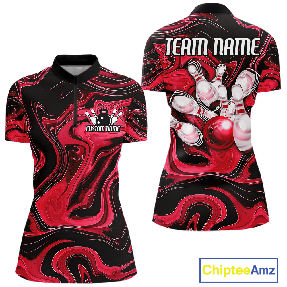 Custom Black And Red Liquid Marble Bowling Team Women Quarter-Zip Shirt, Bowler Jersey IPHW12714