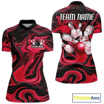 Custom Black And Red Liquid Marble Bowling Team Women Quarter-Zip Shirt, Bowler Jersey IPHW12714