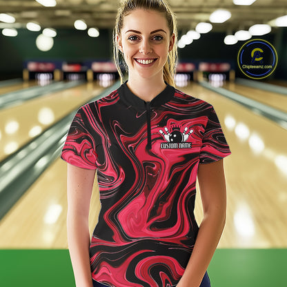 Custom Black And Red Liquid Marble Bowling Team Women Quarter-Zip Shirt, Bowler Jersey IPHW12714