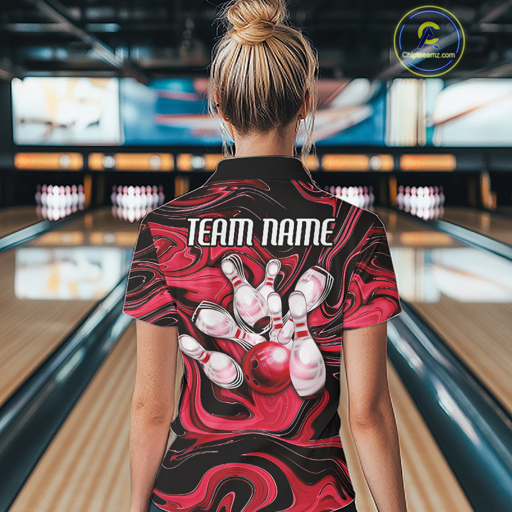 Custom Black And Red Liquid Marble Bowling Team Women Quarter-Zip Shirt, Bowler Jersey IPHW12714