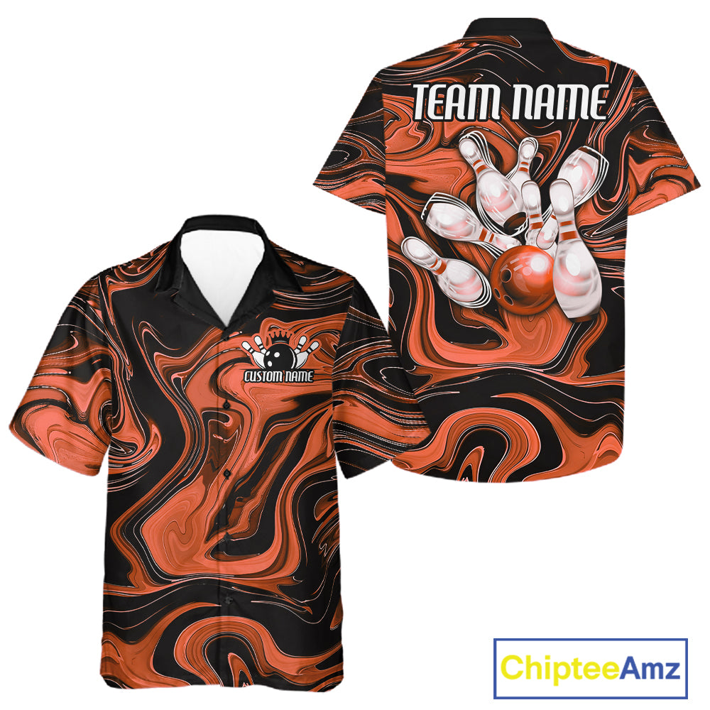Custom Black And Orange Liquid Marble Bowling Team Men And Women Button Up Shirt, Bowler Jersey IPHW12715