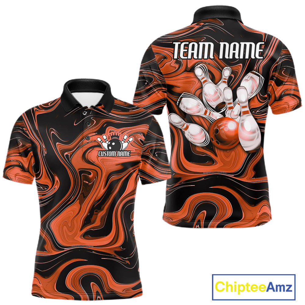 Custom Black And Orange Liquid Marble Bowling Team Men Polo Shirt, Bowler Jersey IPHW12715