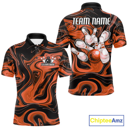 Custom Black And Orange Liquid Marble Bowling Team Men Polo Shirt, Bowler Jersey IPHW12715