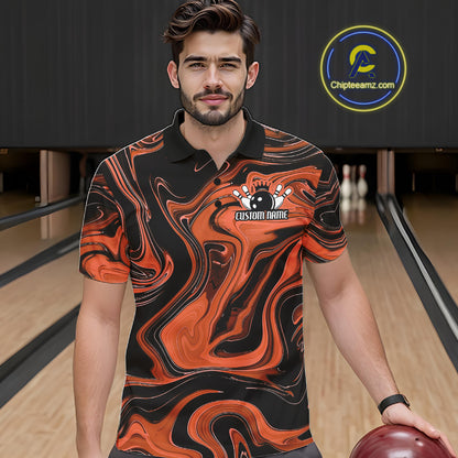 Custom Black And Orange Liquid Marble Bowling Team Men Polo Shirt, Bowler Jersey IPHW12715