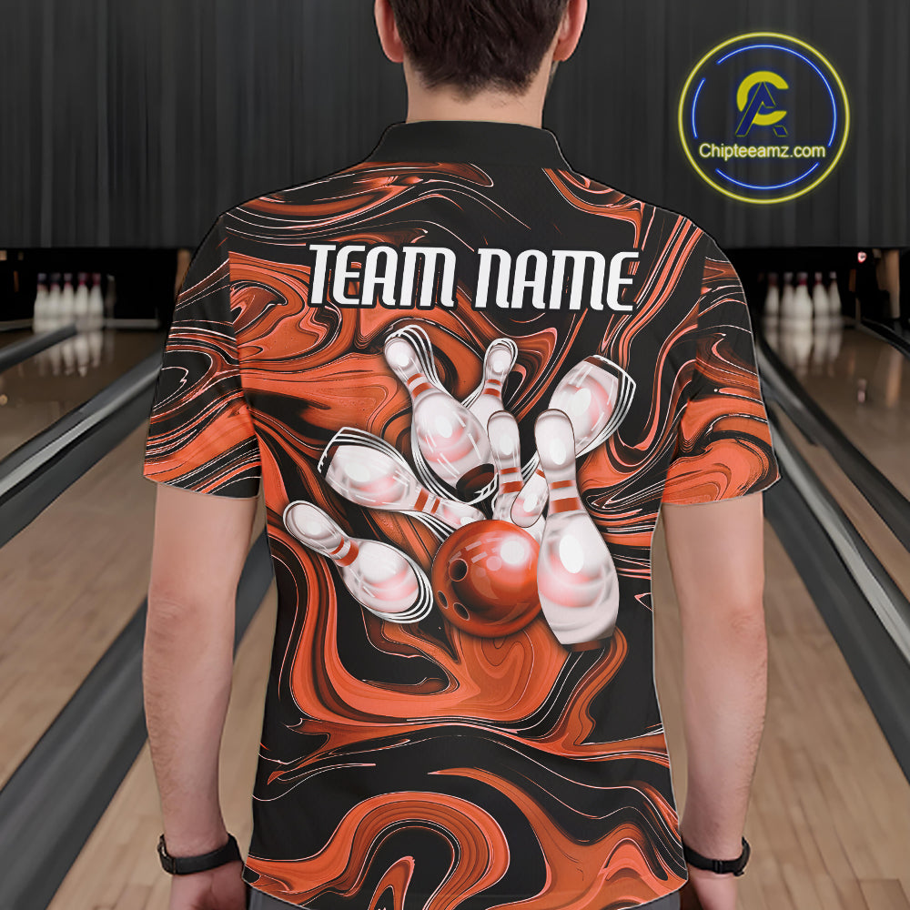 Custom Black And Orange Liquid Marble Bowling Team Men Polo Shirt, Bowler Jersey IPHW12715