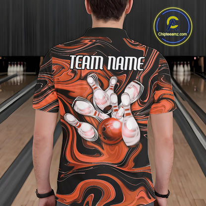 Custom Black And Orange Liquid Marble Bowling Team Men Polo Shirt, Bowler Jersey IPHW12715