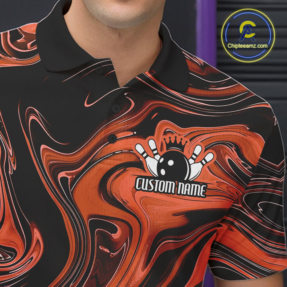 Custom Black And Orange Liquid Marble Bowling Team Men Polo Shirt, Bowler Jersey IPHW12715