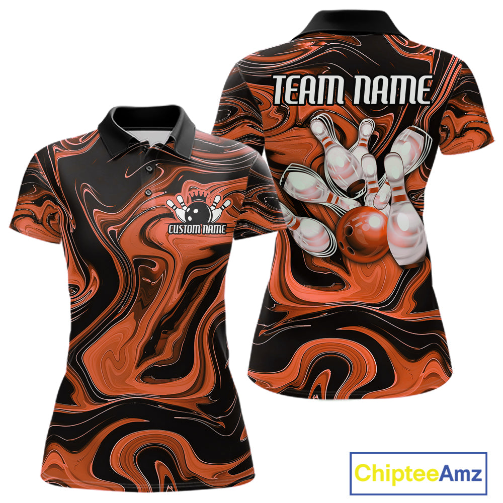 Custom Black And Orange Liquid Marble Bowling Team Women Polo Shirt, Bowler Jersey IPHW12715