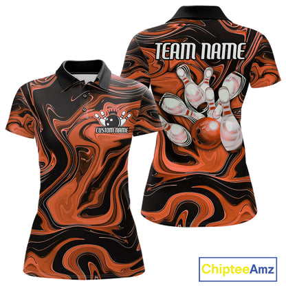 Custom Black And Orange Liquid Marble Bowling Team Women Polo Shirt, Bowler Jersey IPHW12715