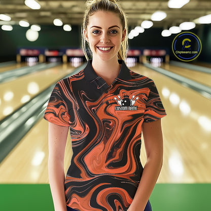 Custom Black And Orange Liquid Marble Bowling Team Women Polo Shirt, Bowler Jersey IPHW12715