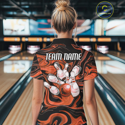 Custom Black And Orange Liquid Marble Bowling Team Women Polo Shirt, Bowler Jersey IPHW12715