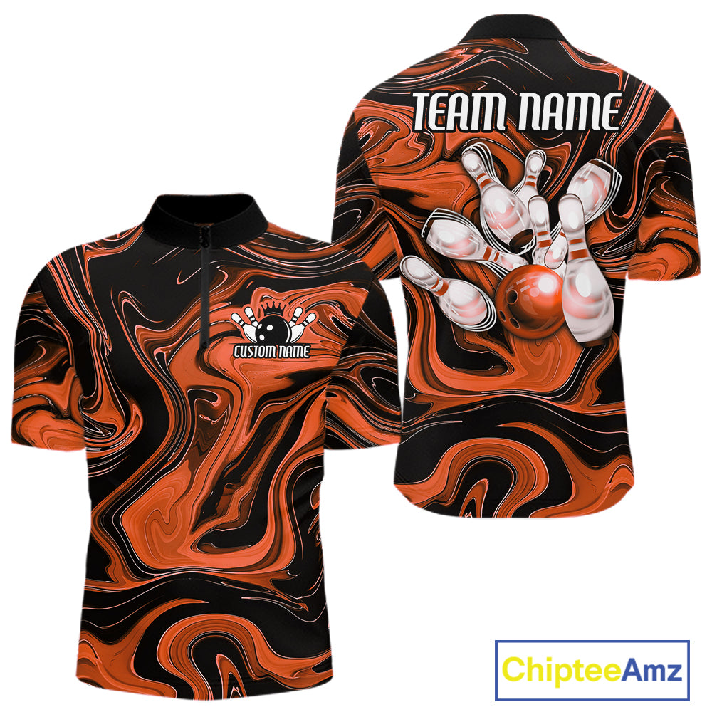 Custom Black And Orange Liquid Marble Bowling Team Men Quarter Zip Shirt, Bowler Jersey IPHW12715