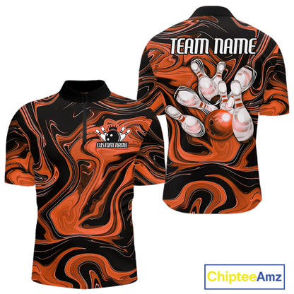 Custom Black And Orange Liquid Marble Bowling Team Men Quarter Zip Shirt, Bowler Jersey IPHW12715