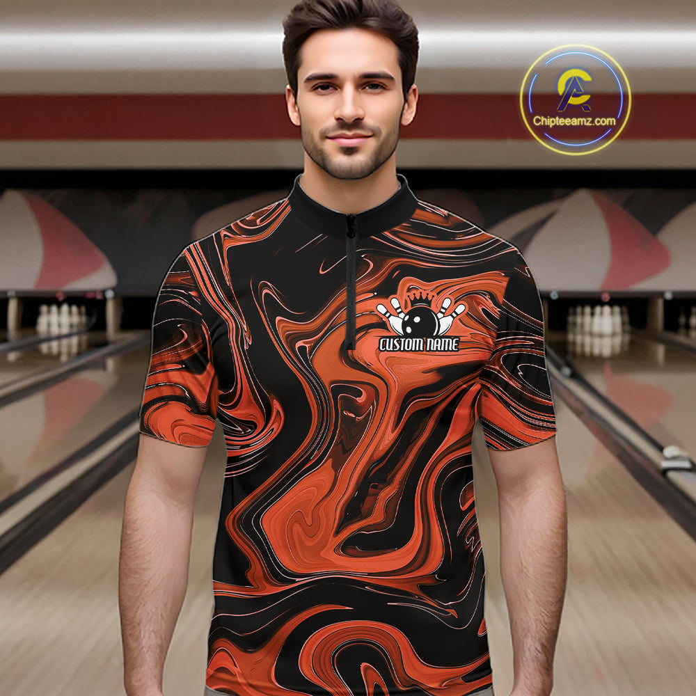 Custom Black And Orange Liquid Marble Bowling Team Men Quarter Zip Shirt, Bowler Jersey IPHW12715