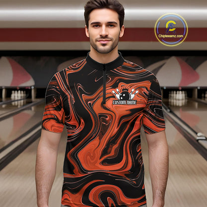 Custom Black And Orange Liquid Marble Bowling Team Men Quarter Zip Shirt, Bowler Jersey IPHW12715