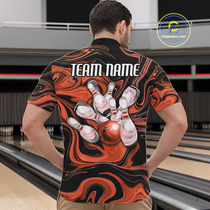 Custom Black And Orange Liquid Marble Bowling Team Men Quarter Zip Shirt, Bowler Jersey IPHW12715