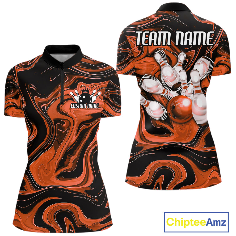 Custom Black And Orange Liquid Marble Bowling Women Quarter-Zip Shirt, Bowler Jersey IPHW12715