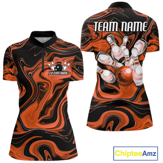 Custom Black And Orange Liquid Marble Bowling Women Quarter-Zip Shirt, Bowler Jersey IPHW12715
