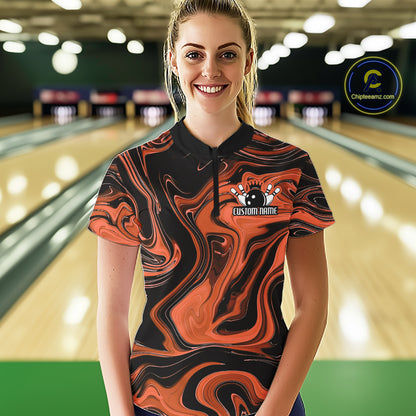 Custom Black And Orange Liquid Marble Bowling Women Quarter-Zip Shirt, Bowler Jersey IPHW12715