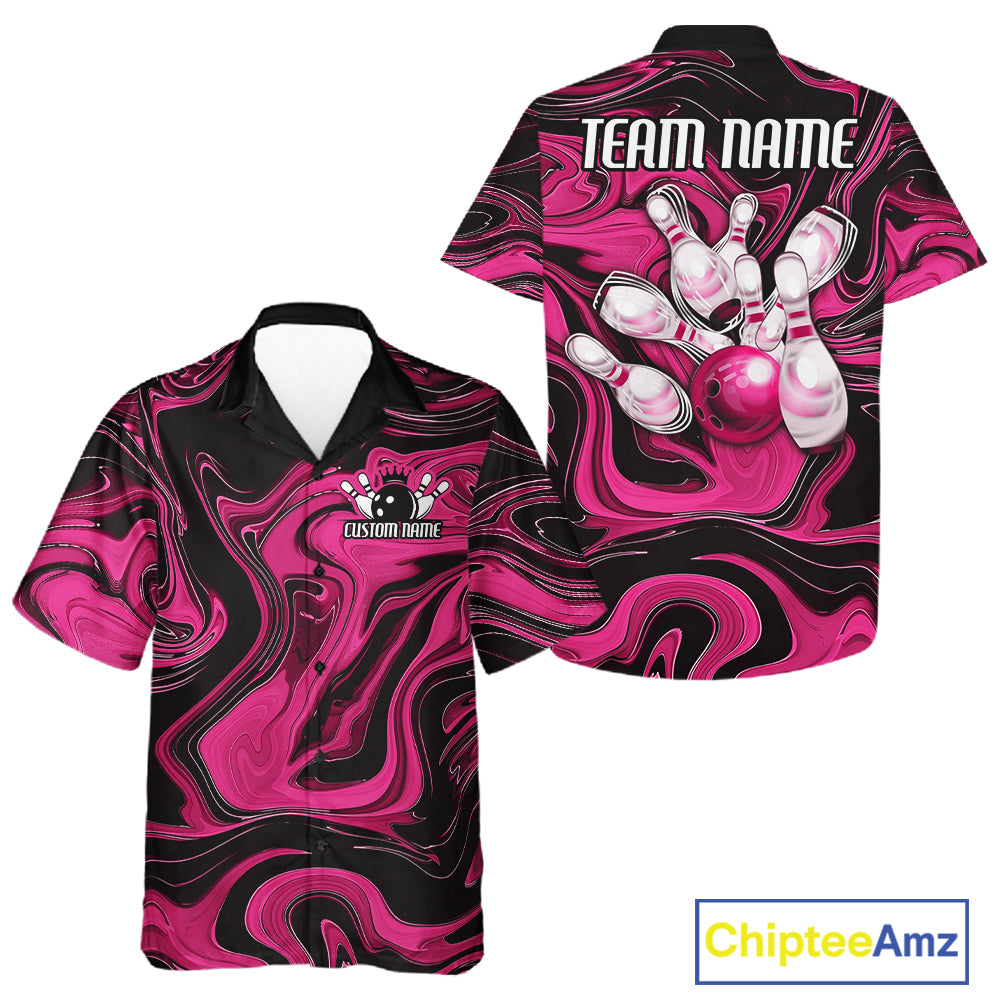 Custom Black And Pink Liquid Marble Bowling Team Men And Women Button Up Shirt, Bowler Jersey IPHW12716