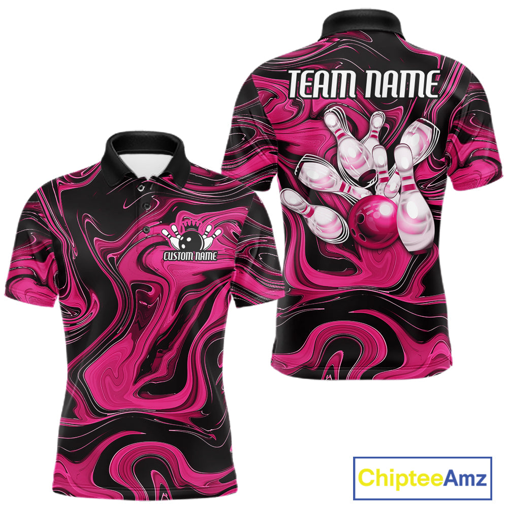 Custom Black And Pink Liquid Marble Bowling Team Men Polo Shirt, Bowler Jersey IPHW12716