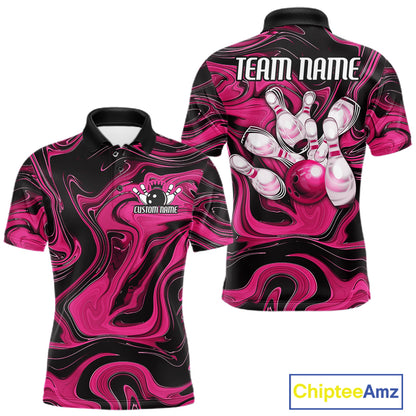 Custom Black And Pink Liquid Marble Bowling Team Men Polo Shirt, Bowler Jersey IPHW12716