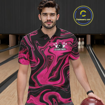 Custom Black And Pink Liquid Marble Bowling Team Men Polo Shirt, Bowler Jersey IPHW12716