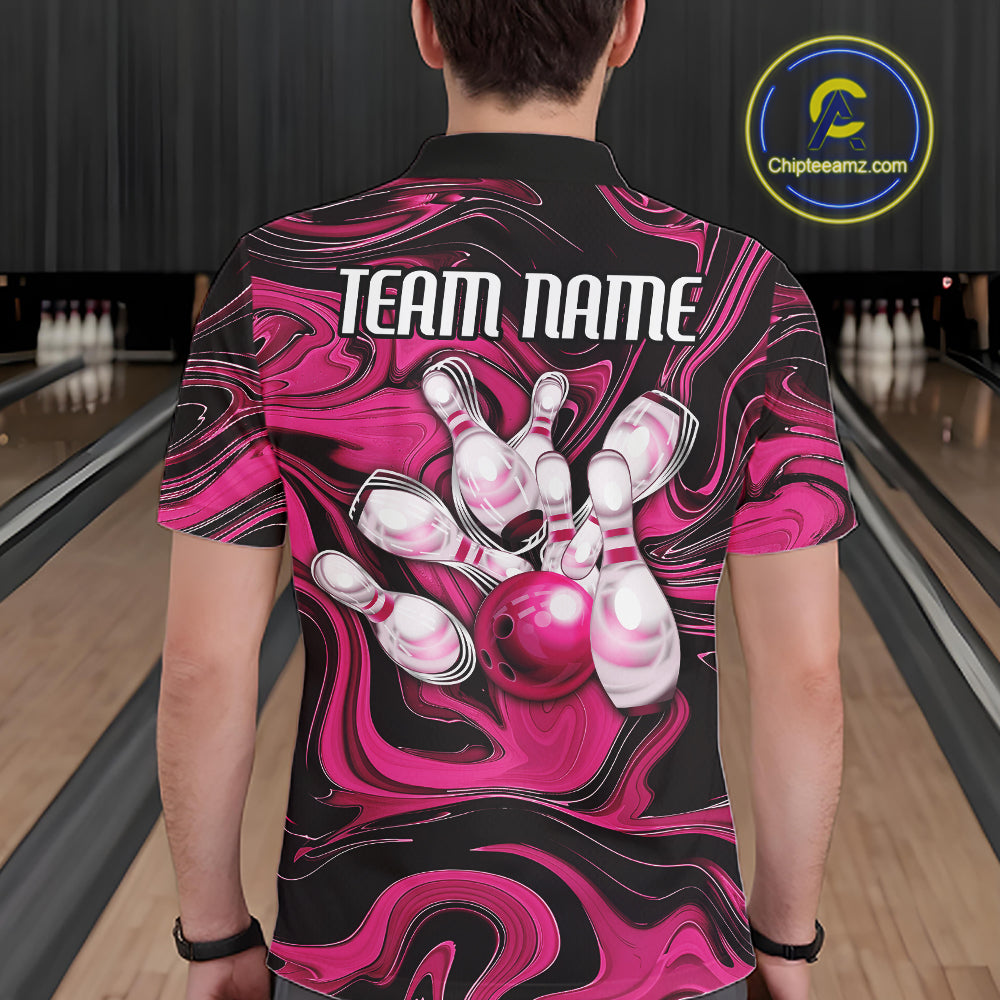 Custom Black And Pink Liquid Marble Bowling Team Men Polo Shirt, Bowler Jersey IPHW12716