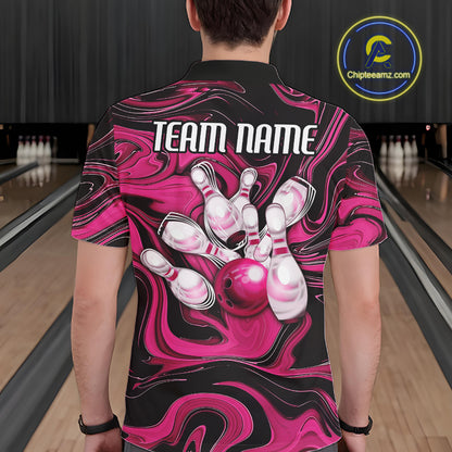 Custom Black And Pink Liquid Marble Bowling Team Men Polo Shirt, Bowler Jersey IPHW12716