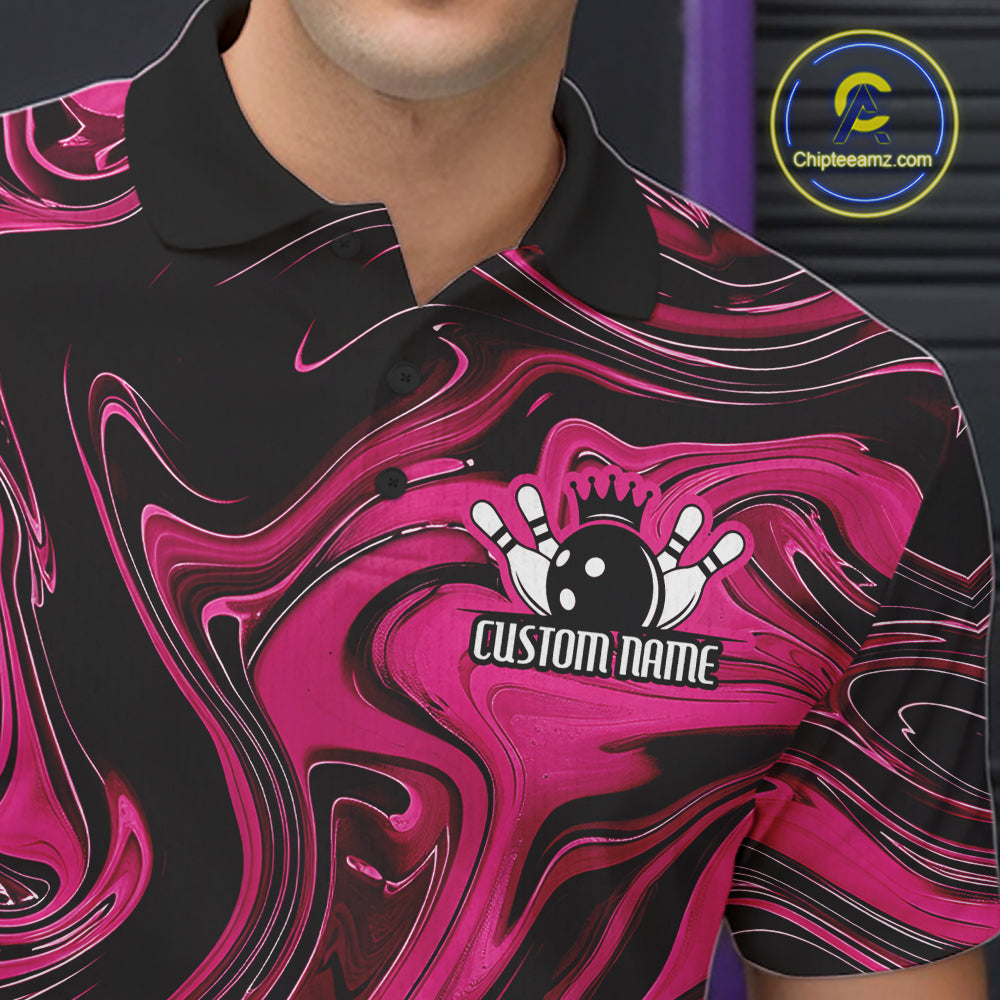 Custom Black And Pink Liquid Marble Bowling Team Men Polo Shirt, Bowler Jersey IPHW12716