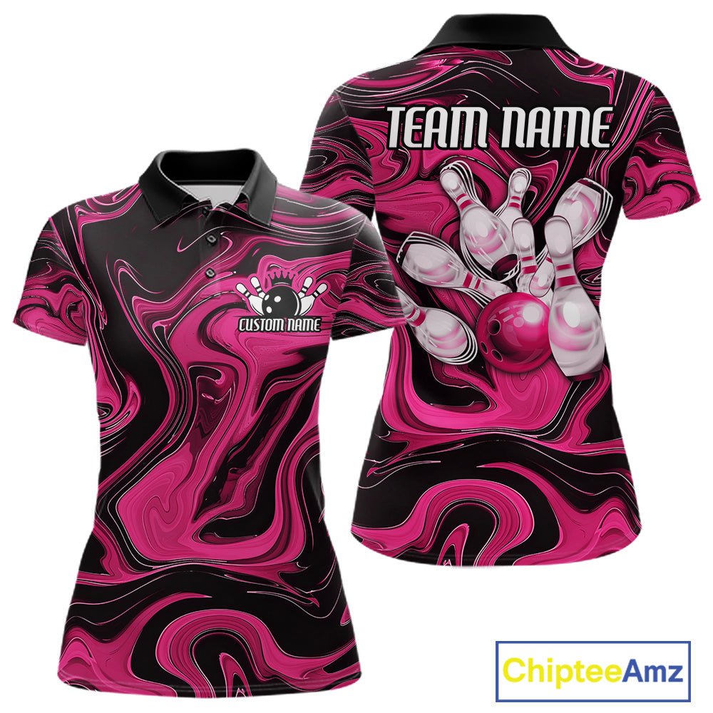 Custom Black And Pink Liquid Marble Bowling Team Women Polo Shirt, Bowler Jersey IPHW12716