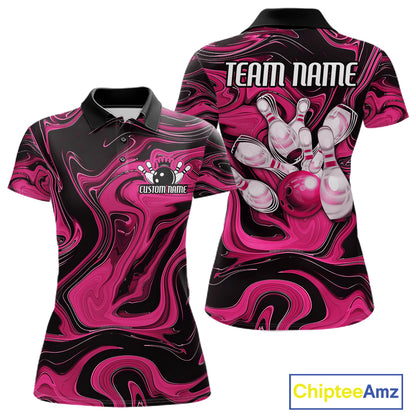 Custom Black And Pink Liquid Marble Bowling Team Women Polo Shirt, Bowler Jersey IPHW12716