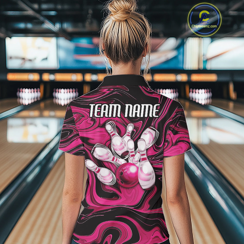 Custom Black And Pink Liquid Marble Bowling Team Women Polo Shirt, Bowler Jersey IPHW12716