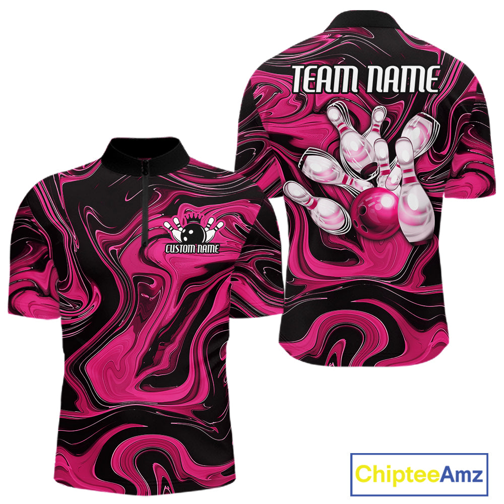 Custom Black And Pink Liquid Marble Bowling Team Men Quarter Zip Shirt, Bowler Jersey IPHW12716