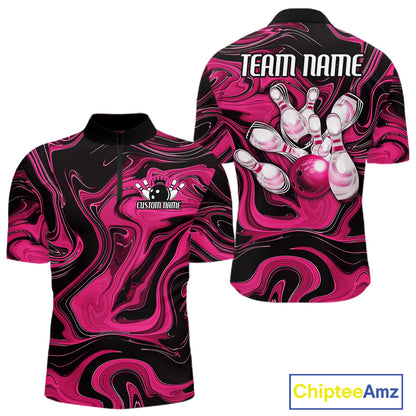 Custom Black And Pink Liquid Marble Bowling Team Men Quarter Zip Shirt, Bowler Jersey IPHW12716