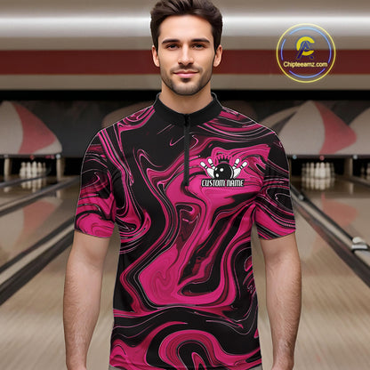 Custom Black And Pink Liquid Marble Bowling Team Men Quarter Zip Shirt, Bowler Jersey IPHW12716
