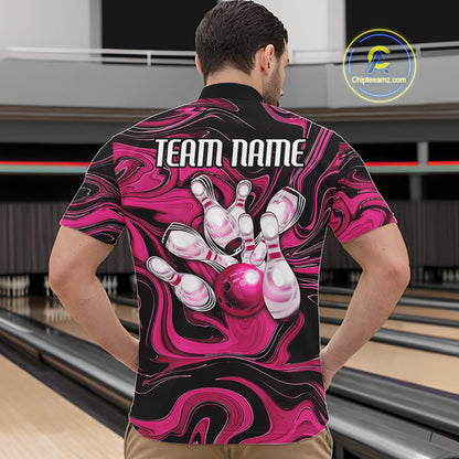 Custom Black And Pink Liquid Marble Bowling Team Men Quarter Zip Shirt, Bowler Jersey IPHW12716