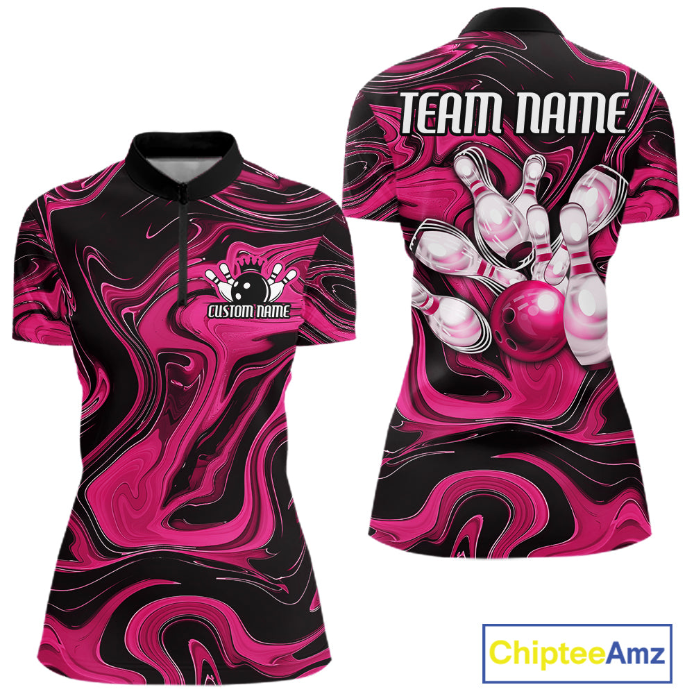 Custom Black And Pink Liquid Marble Bowling Team Women Quarter-Zip Shirt, Bowler Jersey IPHW12716