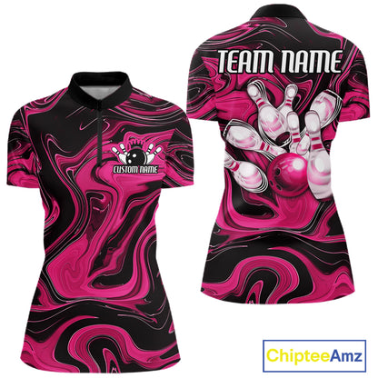 Custom Black And Pink Liquid Marble Bowling Team Women Quarter-Zip Shirt, Bowler Jersey IPHW12716