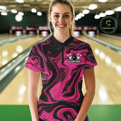 Custom Black And Pink Liquid Marble Bowling Team Women Quarter-Zip Shirt, Bowler Jersey IPHW12716