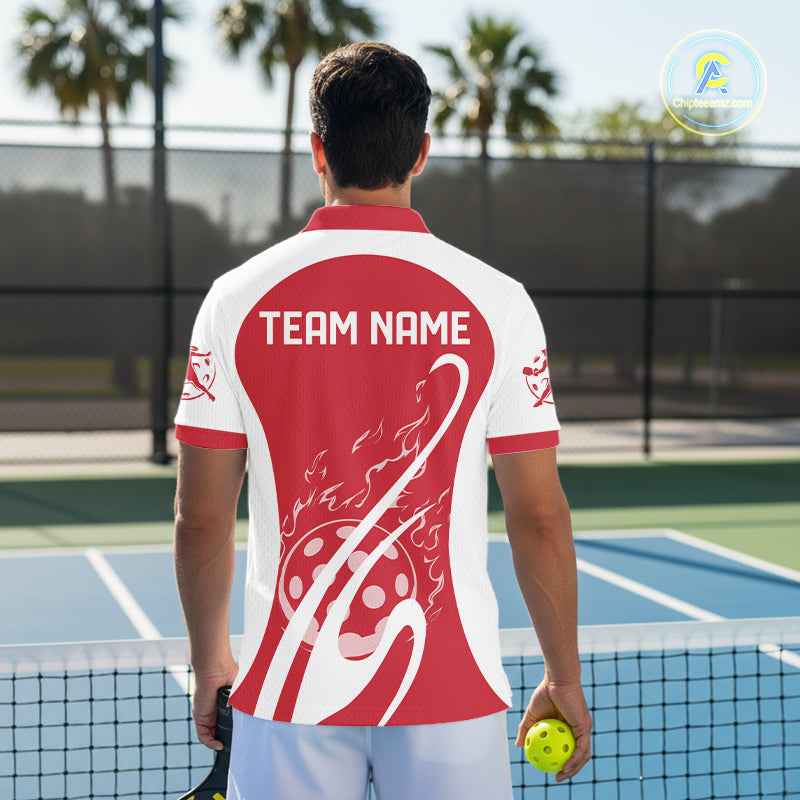 Custom White And Red Pickleball Men Polo, Flame Pickleball Tournament Team Shirt IPHW12722