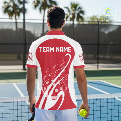 Custom White And Red Pickleball Men Polo, Flame Pickleball Tournament Team Shirt IPHW12722