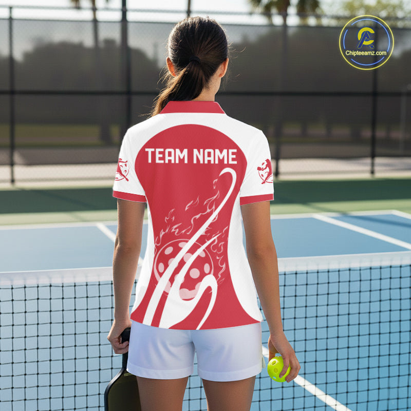 Custom White And Red Pickleball Women Polo, Flame Pickleball Tournament Team Shirt IPHW12722