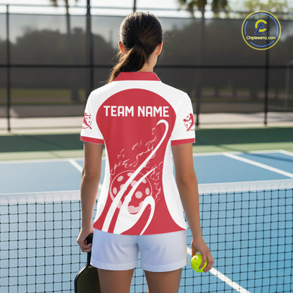 Custom White And Red Pickleball Women Polo, Flame Pickleball Tournament Team Shirt IPHW12722