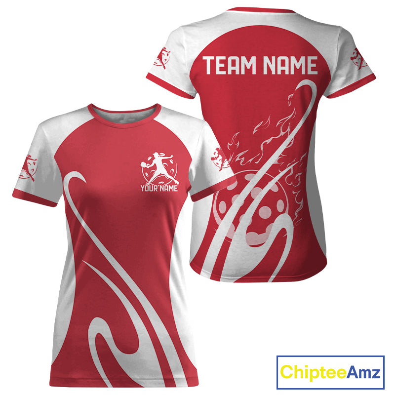 Custom White And Red Pickleball Women T-Shirts, Flame Pickleball Tournament Team IPHW12722