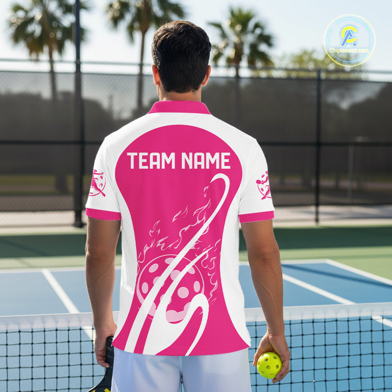 Custom White And Hot Pink Pickleball Men Polo, Flame Pickleball Tournament Team Shirt IPHW12723