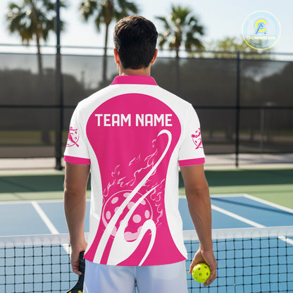 Custom White And Hot Pink Pickleball Men Polo, Flame Pickleball Tournament Team Shirt IPHW12723